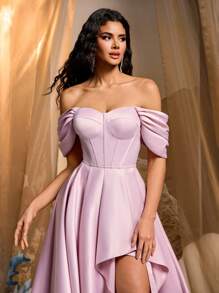 Glamrae Elegant Luxurious Off-Shoulder Puff Sleeve Ruffle Hem Dress, Suitable For Wedding, Single Party, Vacation, Ball, Banquet (Heavy-Duty)