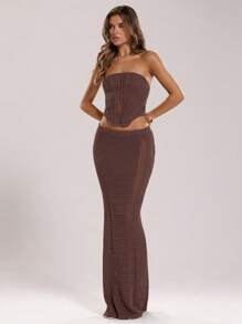 SHEIN BAE 2 pezzi/Set Donna Top a Canotta e Gonna Monocolore, Estivo - Caffè Marrone - Visualizzare 6