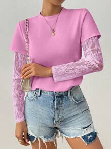 Chiquease 女士纯色袖蕾丝拼接透明长袖T恤 - 粉色 - 查看 7