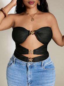 SHEIN PETITE CURVE Plus Size Black Strapless Bodysuit: Sleeveless Knitted Fabric Bodysuit With Starfish Ring Detail For A Chic Look - Black - View 5