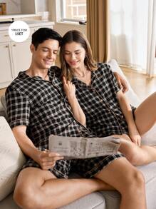 CoupledUp Plaid Collar Button-Up Short Sleeve & Shorts Men Pajama Set - Black - View 1