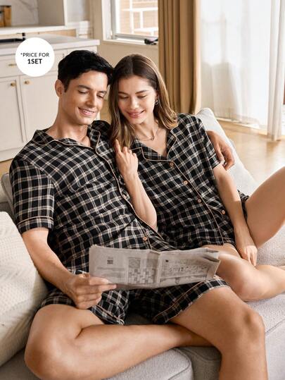 CoupledUp 格子领扣式短袖和短裤男式睡衣套装