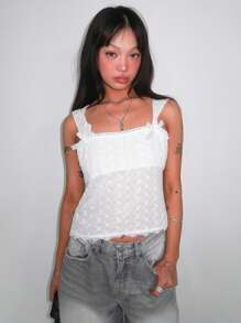 DAZY Women's Lace Camisole With Sheer Lace Splice Detail Babydoll Top Y2k - White - View 5