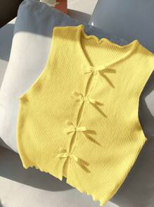 Comfortcana Blus Rajut Berongga dengan Hiasan Pita Kasual Musim Panas, Atasan Kuning Mentega - Kuning - View 5