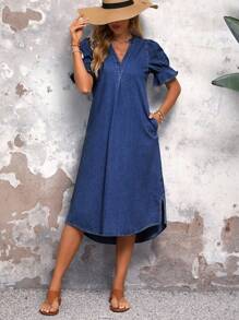 EMERY ROSE Ladies' Solid Color Simple Daily Short Sleeve Denim Dress - Dark Wash - View 5