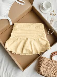 Comfortcana 白色穿孔纹理褶皱 A 字迷你裙 - 黃色 - 查看 5