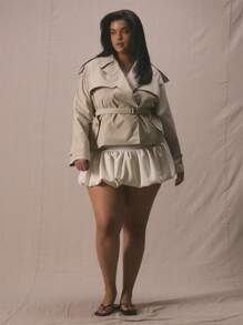 MUSERA Plus Size Cropped Trench Tie Waist Detail Jacket For Business Casual, Holiday Autumn Winter Fall