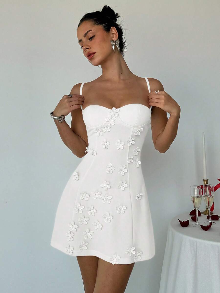 Aloruh Women Sexy Cute YTK Small Cup Detail Front 3D Floral Decor Bodycon A-Line Camisole Dress,Rave Outfits Festival,Summer Dresses For Women,White Dresses For Women - White - View 1