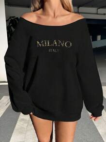 SHEIN EZwear Áo nỉ dài tay in chữ đơn giản, rộng rãi, thoải mái, cỡ lớn cho nữ - màu đen - Xem 4