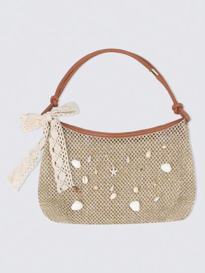 Fairycore 1pc Casual Khaki Seashell, Starfish Decor Women Shoulder Bag, Seaside Wedding Bridal Bags
 Suitable For Spring/Summer Beach Travel & Holiday, Straw Bag (Includes 1 Bag And 1 Accessory Set)