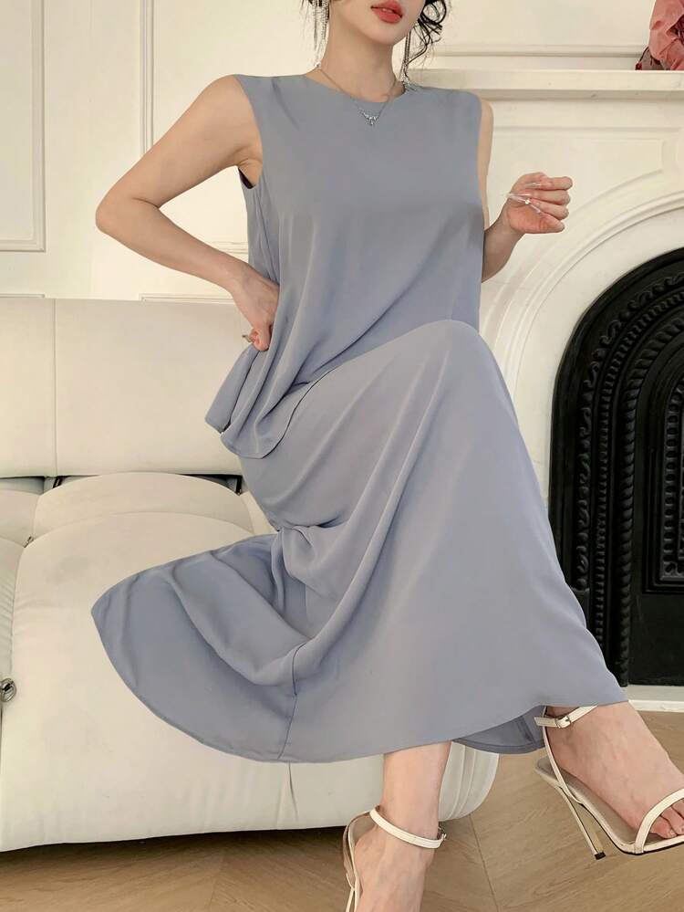 2pcs Women's Elegant Solid Color Tank Top And Skirt Set