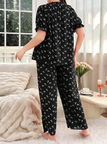 CottageSlumber Plus Size Tie Bow Printed Ruffle Edge Tassel Decor Short Sleeve Top And Pants Pajama Set - Black - View 2