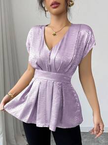 Selianne Blusa elegante de estilo francés con cuello en V, hombros fruncidos y plisados, y mangas abullonadas, con detalles dorados, para uso en la oficina - Púrpura malva - Ver 4