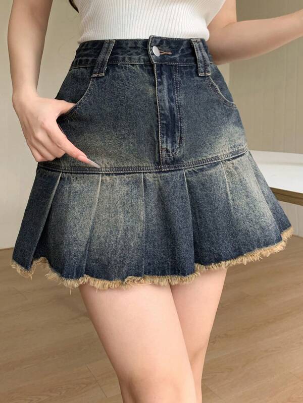 DAZY Women's Retro Washed Pleated Fringe Hem Short Denim Mini Skirt Jeans Skirt Fall/Winter