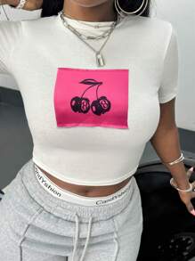 SHEIN EZwear Women's Summer Casual Cherry Print Round Neck Crop Short Sleeve T-Shirt - White - View 5