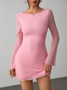 SHEIN PETITE 女士新款性感露背喇叭袖网纱连衣裙初秋款 - 粉色 - 查看 6