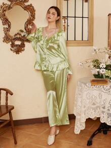 Côtesoire French Vintage Embroidered Lace V-Neck Ruffles Patchwork Faux Silk Pajama Set - Green - View 6