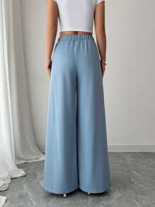 Elenzga Bow Decor Accent Blue Wide Leg Pants - Dusty Blue - View 2