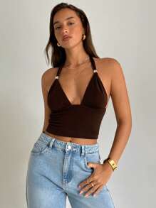 Aloruh Women's Solid Color Pleated Form-Fitting Halter Neck Knit Camisole,Rave Top - Coffee Brown - View 4