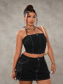 SHEIN ICON Plus Size Distressed Tie-Up Halter Denim Blouse - Black - View 3