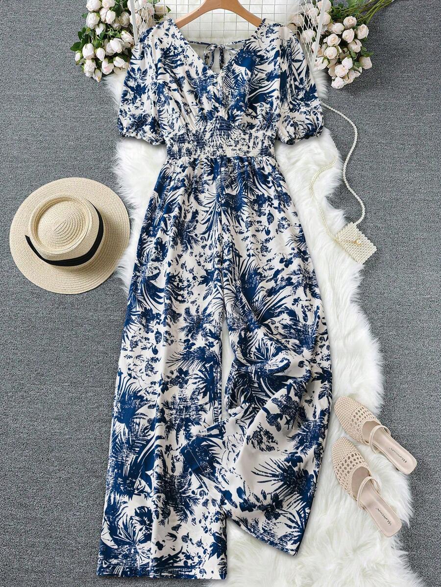 SHEIN LUNE Women's Loose Bubble Sleeve V-Neck Jumpsuit, High Waist Slimming Celadon Print Straight Leg Wide Leg Overall - Blue and White - View 1