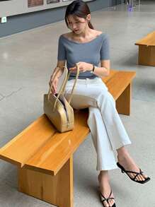 DAZY Women's Round Neck Fitted Short Sleeve Elegant T-Shirt, Gray, Spring/Summer,Business Casual Women - Dusty Blue - View 5