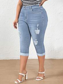 EMERY ROSE Plus Size Women Pockets & Distressed Short Skinny Casual Denim Jeans Autumn For Women Festival Capris For Women Elegant Ripped Jeans - Light Wash - View 1