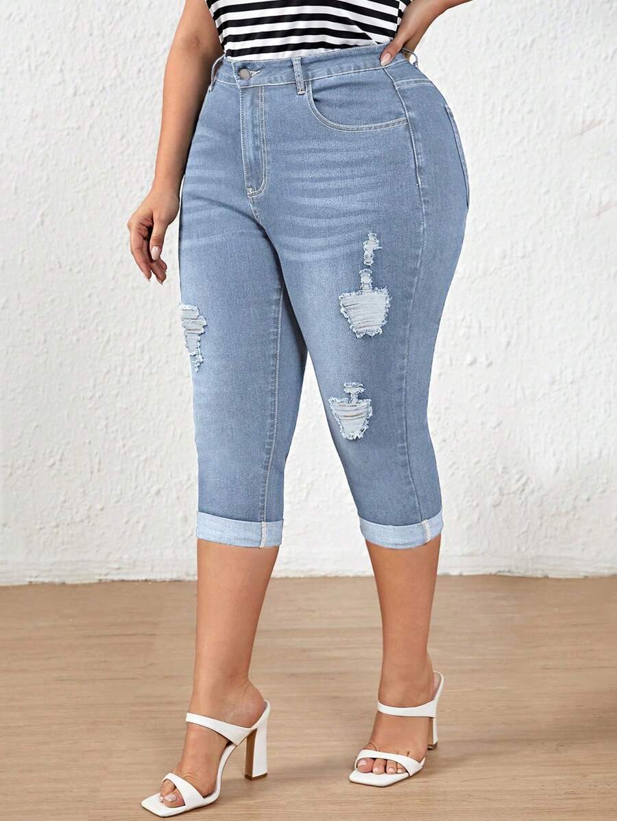 EMERY ROSE Plus Size Women Pockets & Distressed Short Skinny Casual Denim Jeans Autumn For Women Festival Capris For Women Elegant Ripped Jeans - Light Wash - View 1