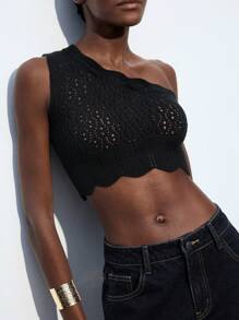 Maija Parte superior de chaleco minimalista y sexy de color negro para mujer, top corto de punto texturizado sin mangas adecuado para vacaciones de verano