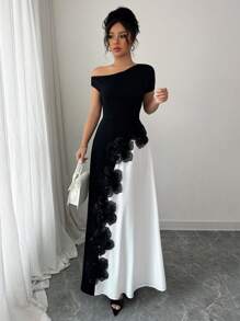 Chiquease Women's Patchwork Oblique Shoulder Waisted Dress - Black and White - View 3