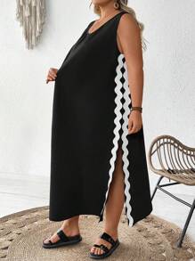 SHEIN CURVE+ 大码纯色编织宽松无袖水溶性蕾丝女式长裙、休闲裙、度假裙波西米亚风度假 - 黑色 - 查看 3