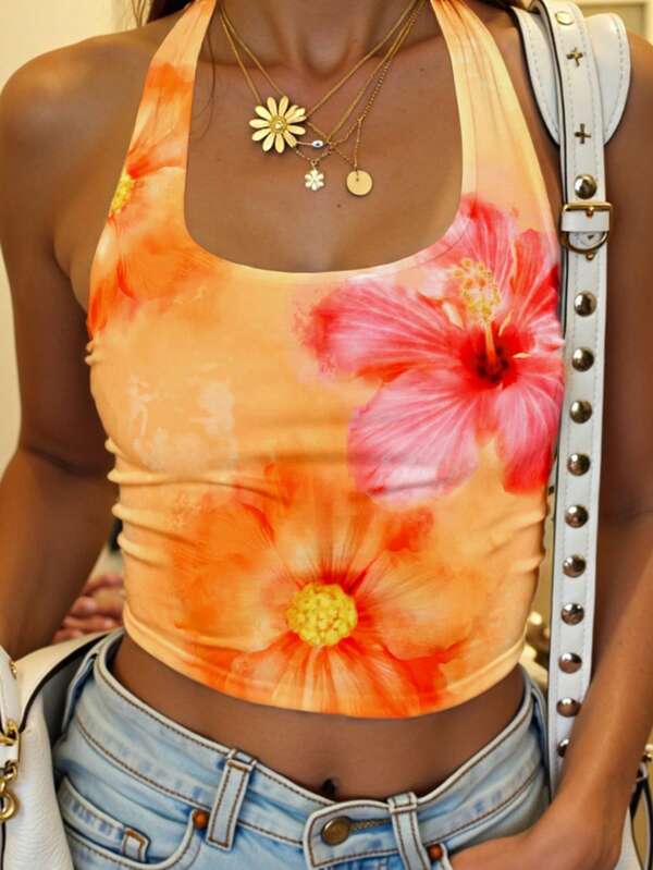 SHEIN EZwear Ocazional, minimalist, vacanță de vară, portocaliu, tropical, cu imprimeu floral, camisole, cu gât, potrivită pentru vară