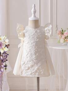 SHEIN Váy lưới trắng họa tiết bướm tay bèo nhún cho bé gái, màu sắc tương phản, ghép nối thanh lịch, thích hợp cho ngày lễ, tiệc tùng, mùa xuân và mùa hè - Màu be - Xem 3