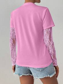 Chiquease 女士纯色袖蕾丝拼接透明长袖T恤 - 粉色 - 查看 2