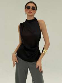 Aloruh Women's Plain Pleated Loose Sleeveless Shirt Summer Summer Outfits Summer Clothes Black Color Workplace Commuting Simple And Elegant