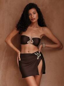 Swim Oasis Bộ 3 đồ bơi nữ màu vàng trơn thời trang lễ hội Boho đi biển: Áo bikini bandeau, quần bikini cạp cao và váy ngắn hở vai đi biển - Cà phê nâu - Xem 5