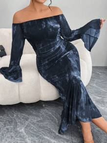 Modelyn Women Plus Size Off-The-Shoulder Flared Long Sleeve Ruched Tie-Dye Print Ruffle Bodycon Mermaid Elegant Fashion Dress Fall Cloth For Women