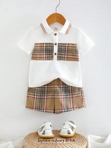 Cozy Pixies 2pcs/Set Baby Boy Colorblock Lapel Short Sleeve Snap Button Casual Shorts Set