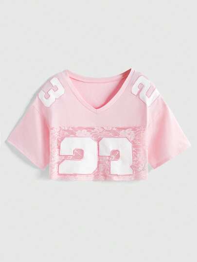 ROMWE Avant Chemise t-shirt col V graphique en dentelle Y2K pour femmes, sexy et sensuelle