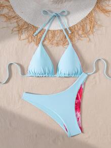 Swim Mod Conjunto de bikini para mujer con top halter de espalda descubierta y shorts con estampado lindo, ideal para vacaciones de primavera