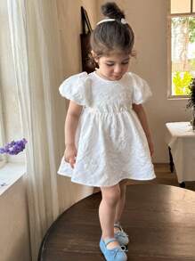 LMoss Kids LMoss   Baby Girl Solid Color Round Neck Puff Sleeve Fitted Casual Dress,Party,Spring And Summer Spring Dresses For Girls Baby Spring Dress Baby Girl Cute Dress Toddler Spring Dresses	,Sisters Outfit,3D Bow Decor - White - View 2