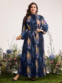 Graceveil Plus Size Women Loose Tie-Dye Pattern Pleated Tie-Waist Modest Arabic Style Dress - Multicolor - View 1