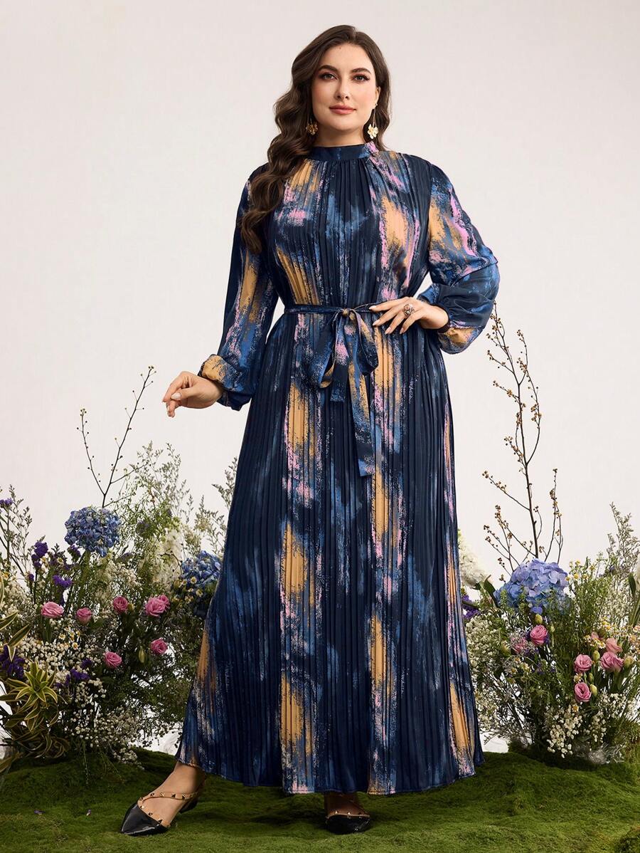 Graceveil Plus Size Women Loose Tie-Dye Pattern Pleated Tie-Waist Modest Arabic Style Dress - Multicolor - View 1
