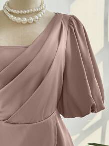 Sweetra Plus Size Woven Taffeta Elegant Pleated Floral Lantern Sleeve Blouse