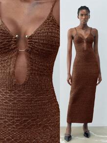 Maija Summer Khaki Round Metal Buckle Elegant Modern Knit Dress For Women, Suitable For Vacation, Holiday, Business Casual, Beach Wedding, Valentine's Day Party, Vintage, 90s, Bohemian Style