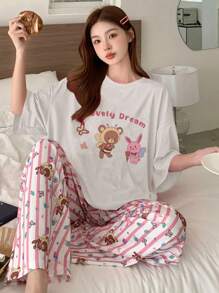DAZY Set de pijama de 2 piezas para mujer con estampado de dibujos animados, de manga corta y holgado