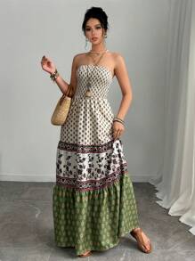 Women Bohemian Style Dress With Bandeau Top, Casual Holiday Wear - Apricot - View 4