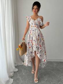 Elenzga Summer Elegant Asymmetrical Ruffle Flower Print Dress - Multicolor - View 3