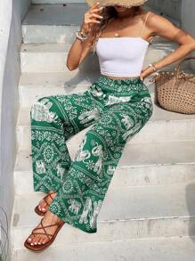 SHEIN Frenchy Women's Vacation Loose Elephant Print Wide Leg Pants - Green - View 6