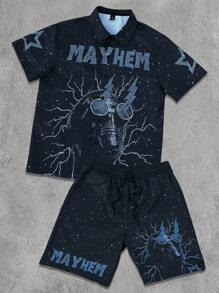Manfinity EMRG Men's Figure & Letter Print Short Sleeve Shirt And Shorts Set Matching Sets Men - Navy Blue - View 1